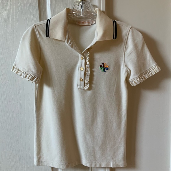 TORY BURCH RUFFLE TRIM POLO WHITE COTTON SHIRT - Picture 4 of 10